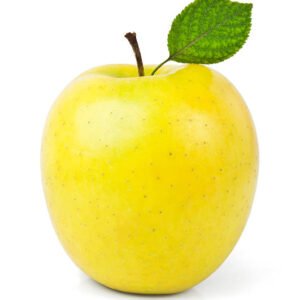 yellow apples with leaves isolated on white